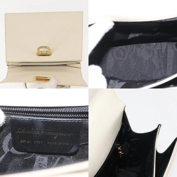 Salvatore Ferragamo Gancini Hand Bag Leather 2way White Gold Auth BA6323 - Picture 14 of 15